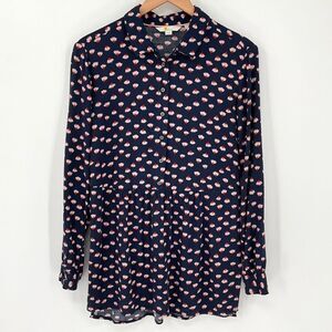 Boden‎ Floral Babydoll Long Sleeve Drop Hem Button Down Tunic Top Women 6 Navy
